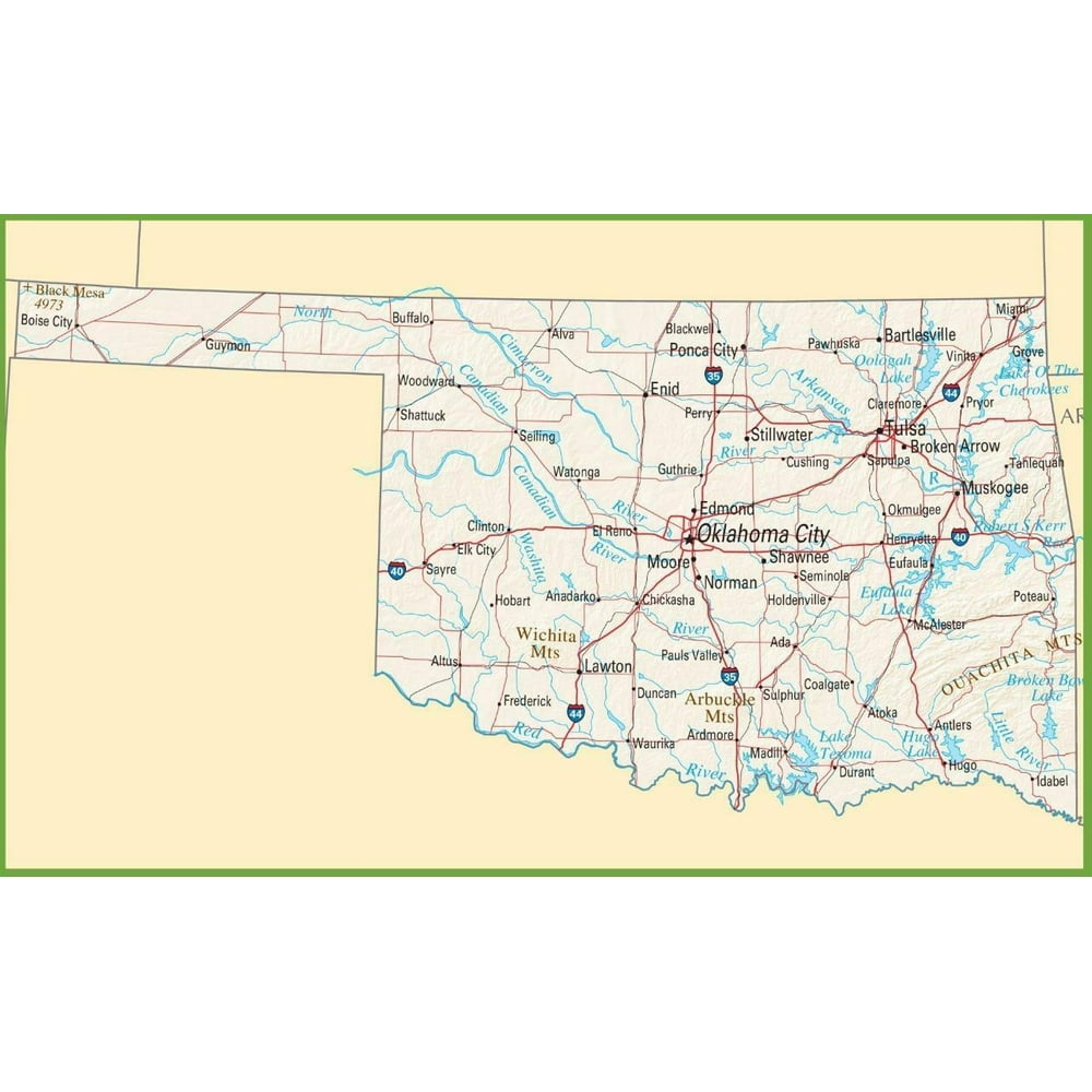 Oklahoma State Road Map City Highway12 Inch BY 18 Inch Laminated