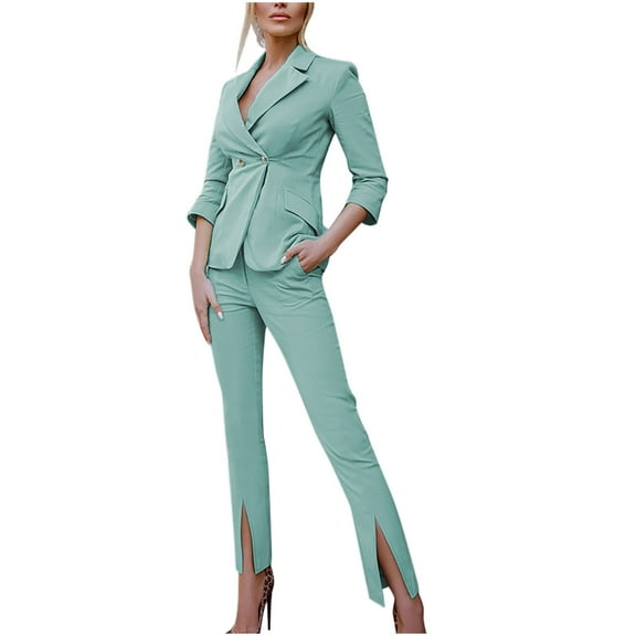 FAIWAD Women's 2 Piece Blazer Outfits Long Sleeve Open Front Blazer and Split Front Pants Business Office Set