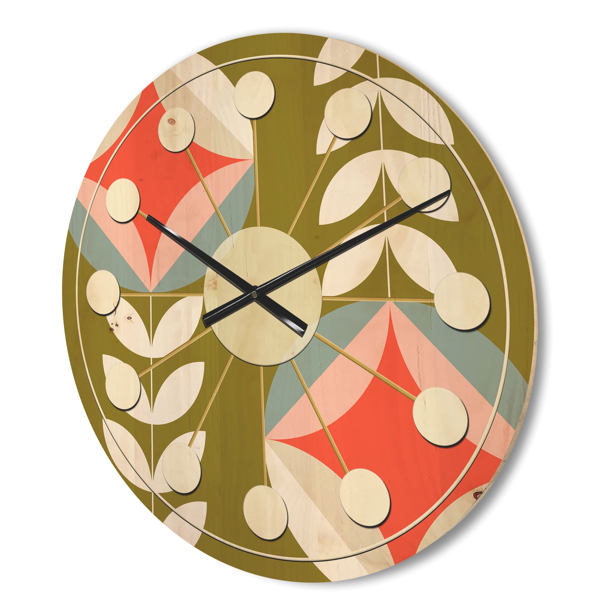 Designart 'Botanical Retro Pattern I' Mid-Century Modern Wood Wall Clock
