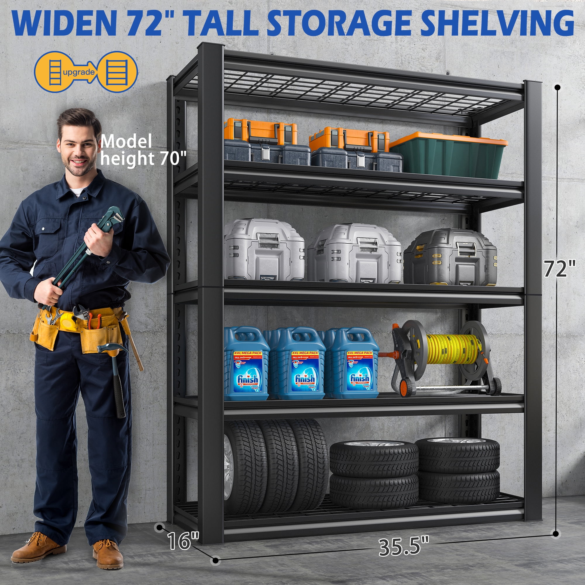 REIBII 2 Pack 5-Tier Garage Shelving Unit Heavy Duty Storage Shelves Holds 2000LBS, Adjustable Metal Shelving Garage Storage Shelves Industrial Shelving Unit for Basement,Black