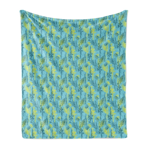 Natural Soft Flannel Fleece Throw Blanket, Abstract Plants with Exotic Bamboo Patterns Botanical Art, Cozy Plush for Indoor and Outdoor Use, 50" x 60", Yellow Pale Blue and Teal, by Ambesonne