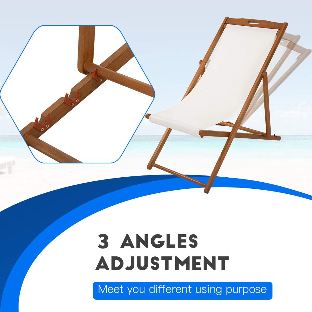 Beach Sling Chair Set Patio Lounge Furniture, Outdoor Reclining Beach Folding Chair 
 with Polyester Canvas, Frame Solid Eucalyptus Wood, 3 Level Adjustable Height, 2 Set - image 5 of 8