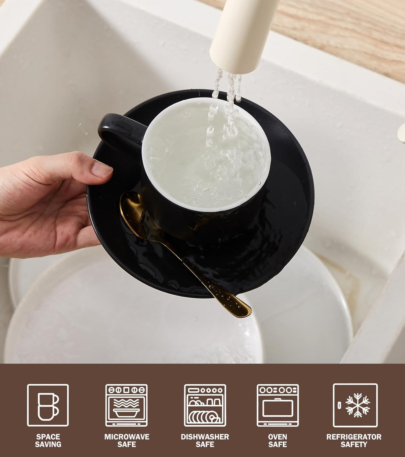 Lareina 3-Ounce Espresso Cups Set of 4, Small Stackable Coffee Cups with Saucers, Spoons and Metal Stand, Ceramic Demitasse Mugs, Espresso Accessories for Machine, Black
