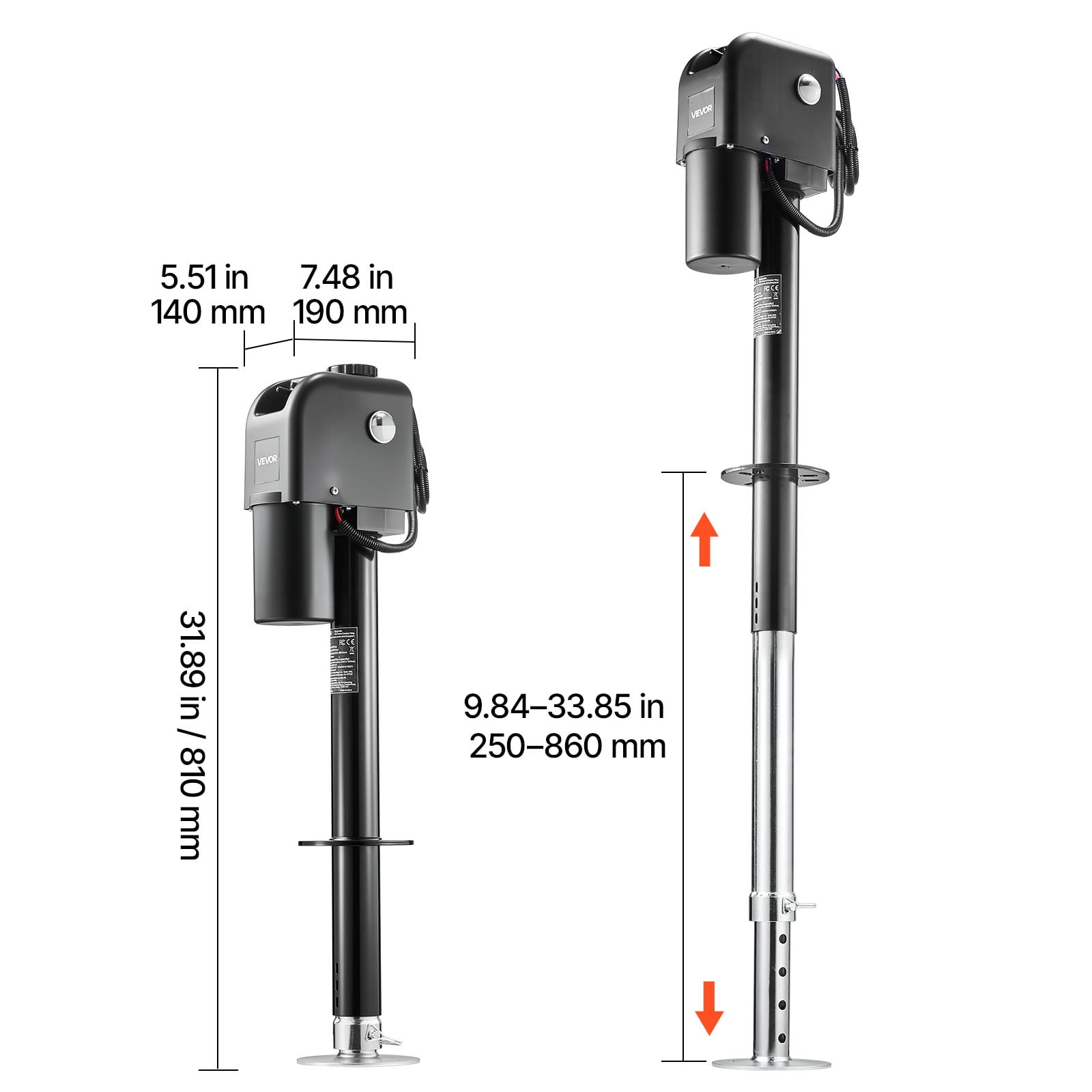 VEVOR Electric Trailer Jack, 7500 lbs Capacity, Electric Power Tongue Jack with Waterproof Protective Cover & LED Light for Travel Trailer, Camper, RV, 9.84-27.84 in Lift, 12V DC with Wiring, Black