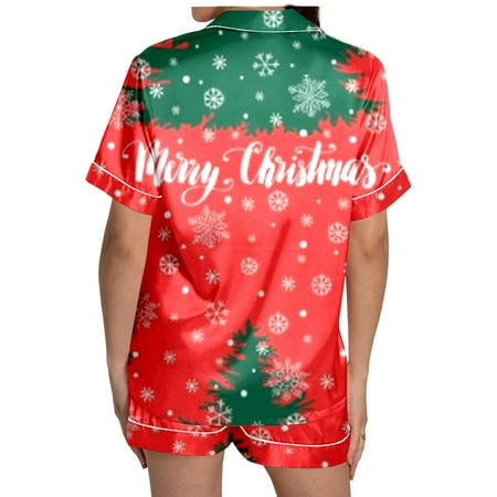 JIANJIA Womens Pajama Sets Christmas Tree Print Silk Satin Lapel Short Sleeve Tops With Shorts Sleepwear Underwear