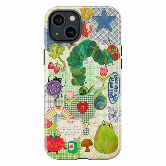 Green Gingham Patchwork Phone Case, Whimsical Nature & Caterpillar Design for iPhone 17 16 15 14 13 12 11 Pro Max Mini
