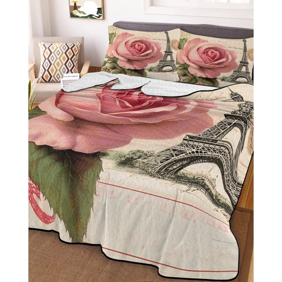Pink Spring Floral Queen Size Down Alternative Comforter, Lightweight Comforter Quilt Bedding Set with Pillow Shams Vintage Rose Flower Retro All Seasons Bed Comforter Duvet Insert 90"x96"
