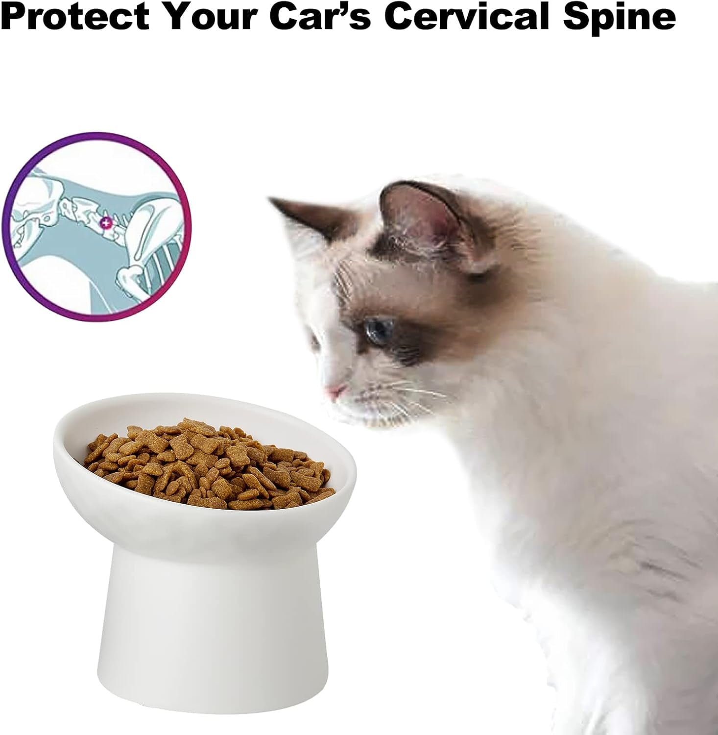 4 White Ceramic Elevated Cat Bowls, Tilted Stress-Free Design for Food or Water, Dishwasher and Microwave Safe, Lead-Free