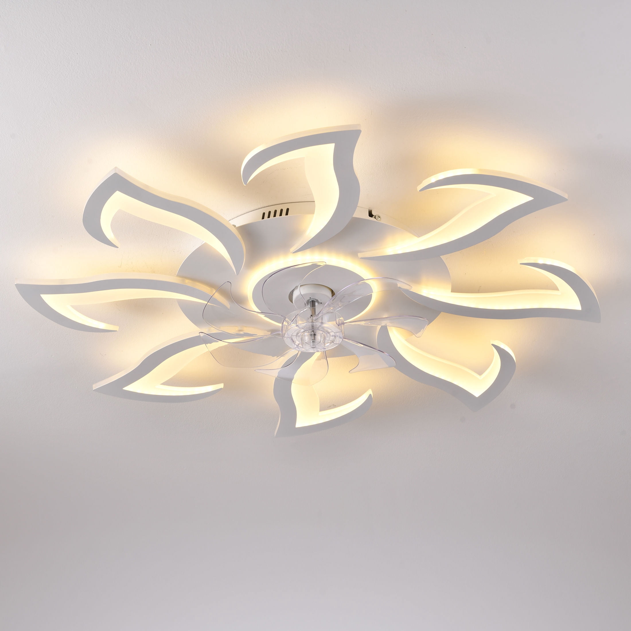 GDF Studio 8-Head Flower Modern Ceiling Fan with LED Lights & Remote Control, Low Profile Flush Mount Fandelier, White
