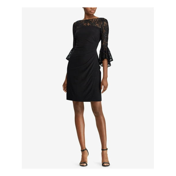 RALPH LAUREN Womens Black Sequined Lace Bell Sleeve Jewel Neck