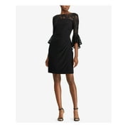 LAUREN RALPH LAUREN Womens Black Lace Pleated 3/4 Sleeve Boat Neck Above The Knee Cocktail Sheath Dress Petites 6P