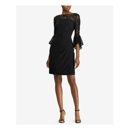 LAUREN RALPH LAUREN Womens Black Lace Pleated 3/4 Sleeve Boat Neck Above The Knee Cocktail Sheath Dress Petites 6P