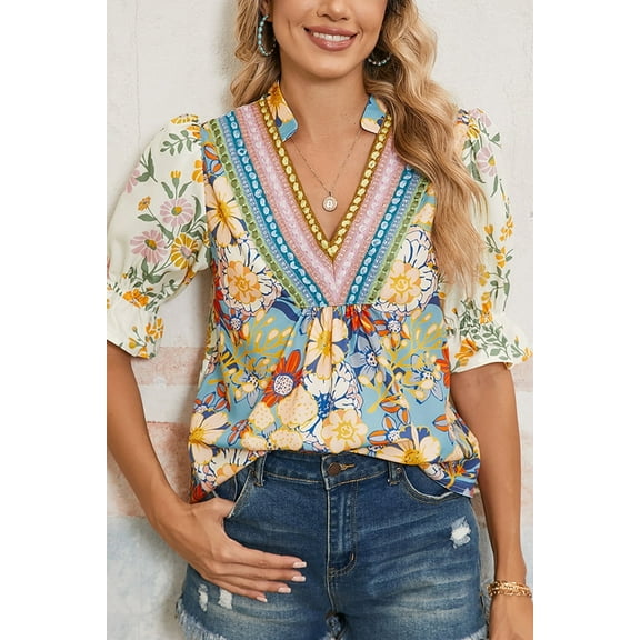 Crochet V Neck Half Sleeve Boho Floral Blouse