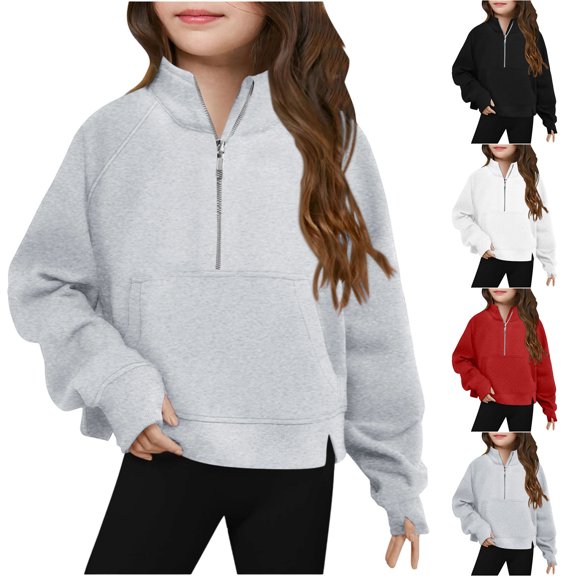 SOFTCCLO Girls Sweatshirts Solid Color Half Zip Stand Collar Thumbhole Pullover Top Casual Fall Winter Sweatshirts for Girls Size 5-6Y