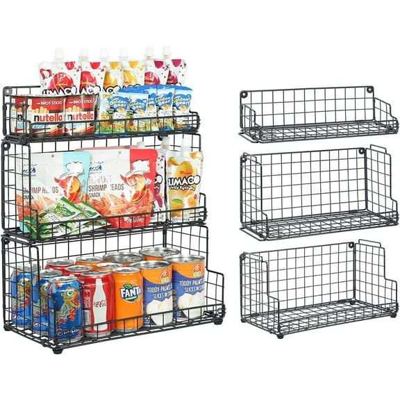 Stackable Wire Basket 3 Tier Countertop& Wall Mounted Metal Storage Basket for Kitchen Pantry Cabinet, Muti-functional Open Front Bin Organizer for Food Fruit Snack, Black