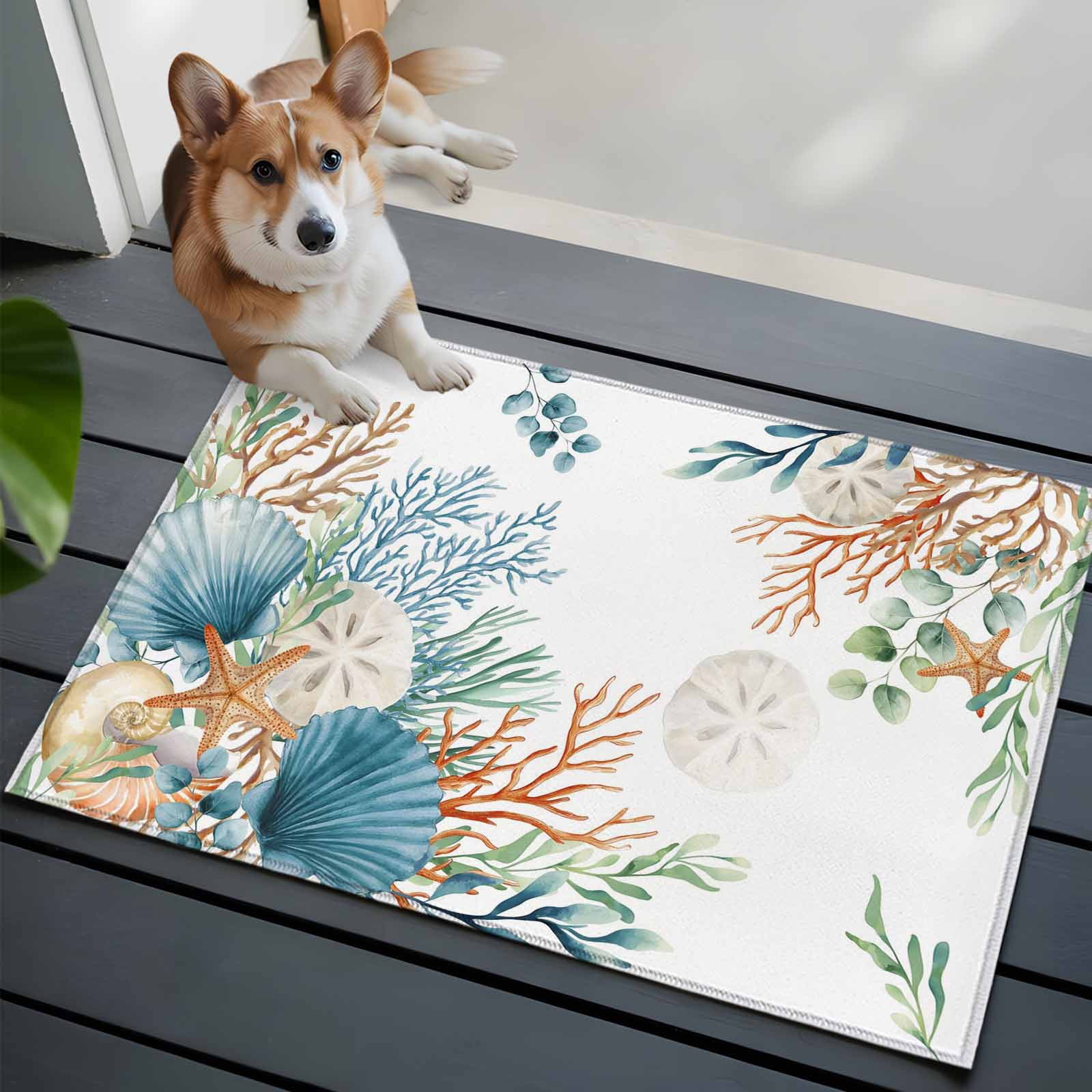 Entryway Rug 2'x3', Beach Coastal Small Rug for Kitchen Bathroom Door Mat Indoor Entrance, Summer Nautical Coral Shell Botanical Non-Slip Area Rugs Floor Mats Carpet Front Door Rugs