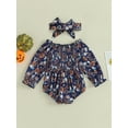 thumbnail image 6 of Liacowi Infant Baby Girl Halloween Outfits Newborn 2PCS Fall Clothes Off Shoulder Long Sleeve Pumpkin Print Romper + Bow Headband, 6 of 9