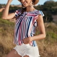 thumbnail image 3 of Camiseta de verano azul oscuro con cuello redondo y lazo, talla M, camiseta con mangas con volantes y rayas verticales, 3 of 6