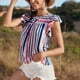 thumbnail image 3 of Camiseta de verano azul oscuro con cuello redondo y lazo, talla M, camiseta con mangas con volantes y rayas verticales, 3 of 6
