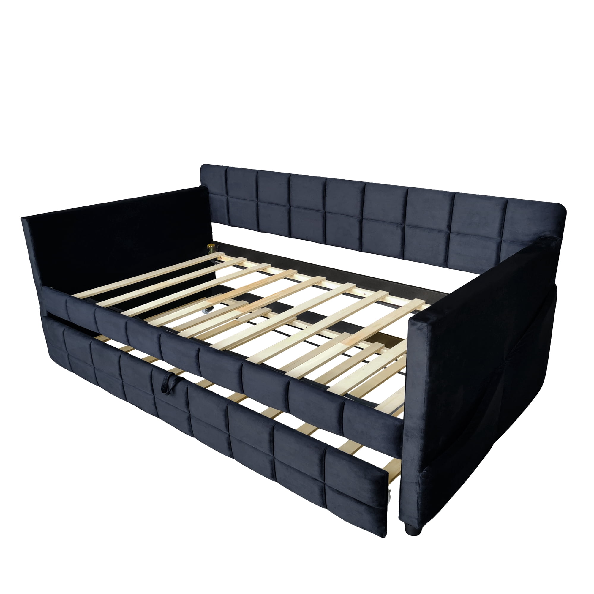 Aukfa Modern Twin Daybed with Trundle, Velvet Upholstered Bed Frame with Storage Pockets, Space-Saving Sofa Bed for Living Room, Bedroom, Black