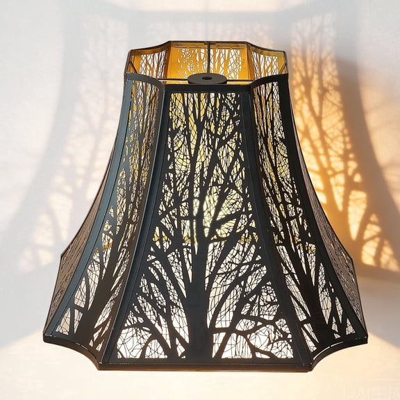 SWAIFDEE Octagonal Metal Lamp Shade, Bell Lampshade with Etched Tree Pattern, Black & Gold, 6.2x13x10.8in, Spider Fitter
