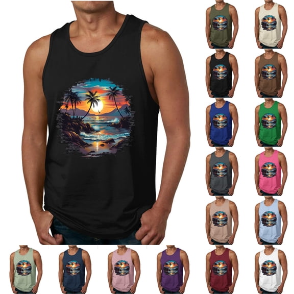 SGFCWSX Men's Tank Tops Printed Sleeveless Shirts Lightweight Breathable Beachwear for Vacation Casual Wear Black Size 4XL