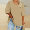 thumbnail image 2 of Ecqkame Women's Plus Size Tops Short Sleeve Crew Neck Loose T-Shirt Comfy Casual Basic Summer Solid Color Tops 02-Khaki XL, 2 of 5