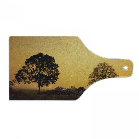 Tree Cutting Board, Desert Tree on Sunset Sunny Hot Summer Day Safari Horizon Scenery Picture Print, Decorative Tempered Glass Cutting and Serving Board, Wine Bottle Shape, Orange Brown, by Ambesonne