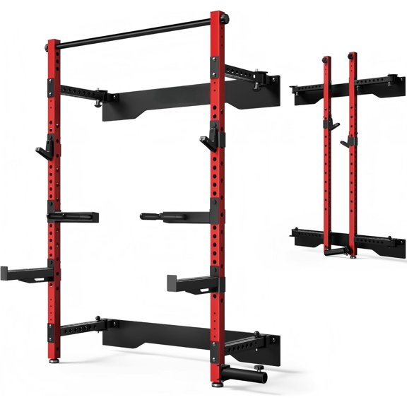 Folding Wall Mounted Squat Rack,1000 lbs Capacity Power Rack for Home Gym,Space-Saving Foldable Squat Rack with Pull-Up Bar & Landmine,Heavy-Duty 2.36" x 2.36" Steel Frame Power Cage