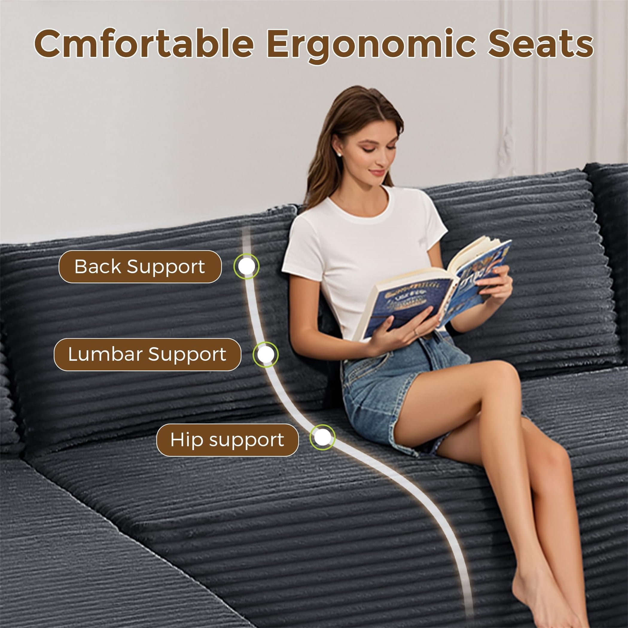 Aukfa 140" U-Shaped Cloud Sectional Sofa Oversized Boneless Couch with Cup Holder Storage Console Modular Couch for Living Room, Corduroy, Dark Gray
