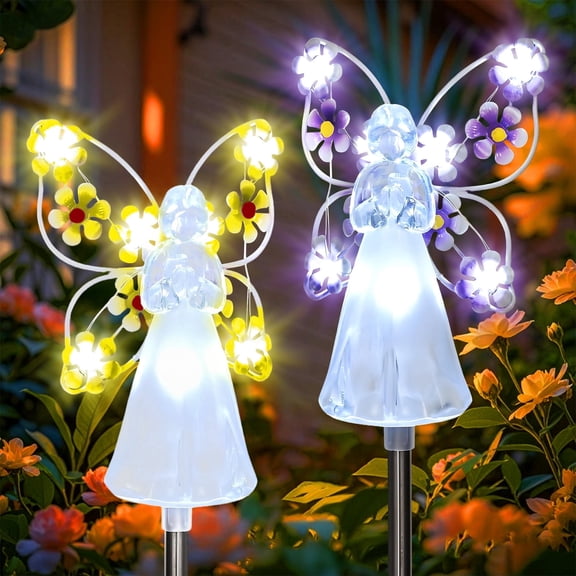 Rirool Solar Angel Garden Stake Lights, 2-Pack Yellow and Purple LED Memorial Decorations, 31.1-Inch Waterproof Outdoor Pathway Lights for Cemetery, Gravesite, Yard and Flower Bed