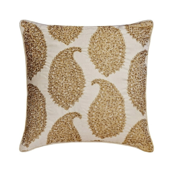 Custom Pillow Case, Ivory & Gold 12"x12" (30x30 cm) Pillow Covers, Silk Paisley & Beaded Throw Pillows For Sofa, Paisley Pattern Contemporary Style - Paisley Queen