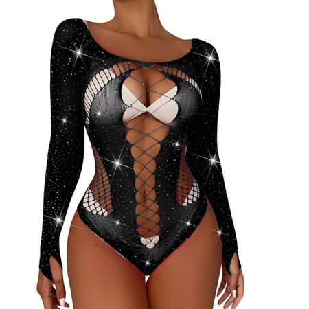 

ZMHEGW Women Underwear Bright Diamond Lingerie Long Sleeve Mesh Transparent Hollow Lingerie Panties Jumpsuit