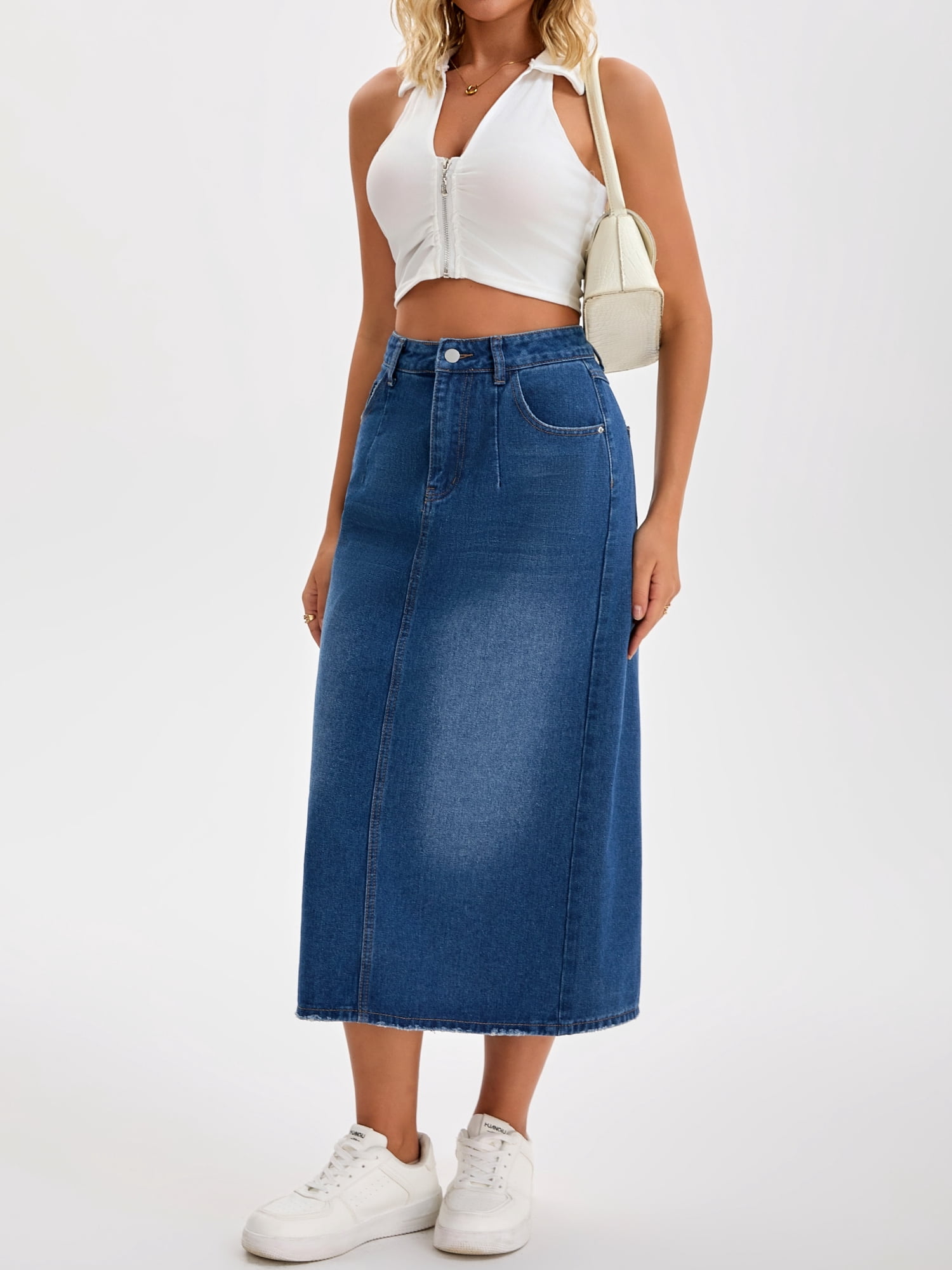 DARING DIVA Women's Denim Split Back Pockets Pencil Midi Jean Skirts Medium Dark Blue