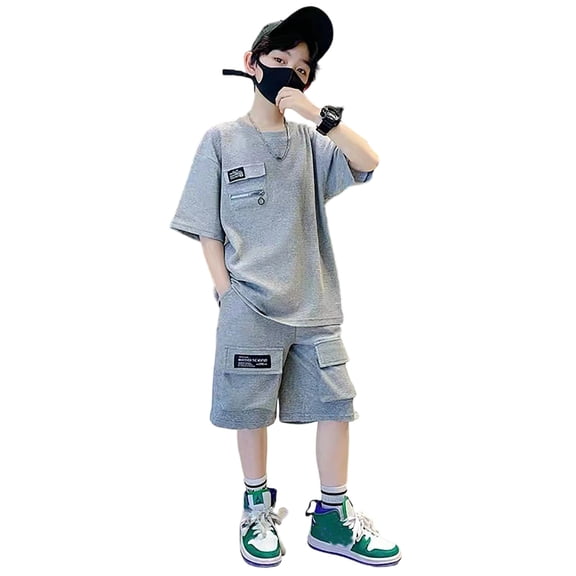 LIIPEE Boys Outfit Sets Summer Casual Letter Printed Loose Fit Short Sleeve Crew Neck T Shirt Pockets Shorts 2 Piece Set Children Kids Cute Comfortable Breathable Stylish Outfits,15-16 Years