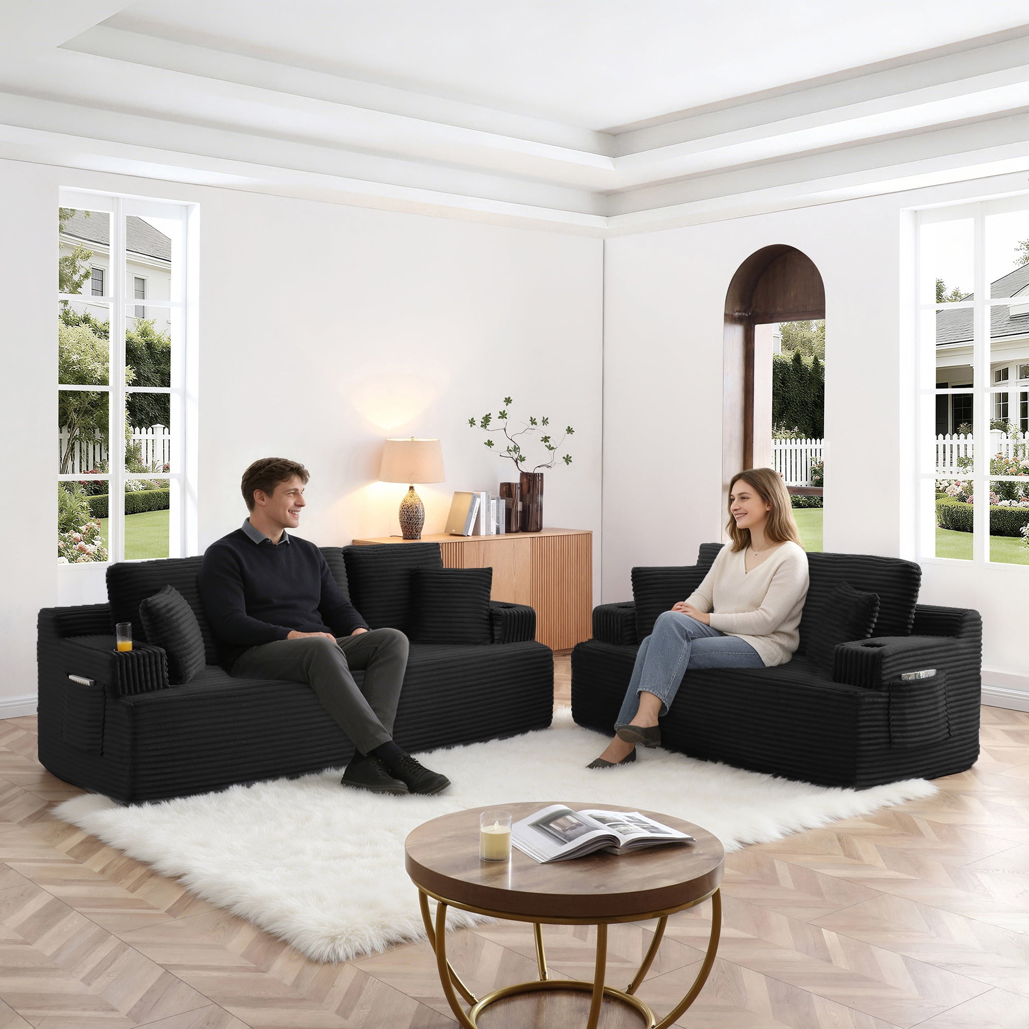 Boneless Sofa, 3-Seater Floor Couch with Cup Holders and Side Pockets, Corduroy Fabric No Assembly Sofa for Living Room or Dorm, 86.2 Inch, Black