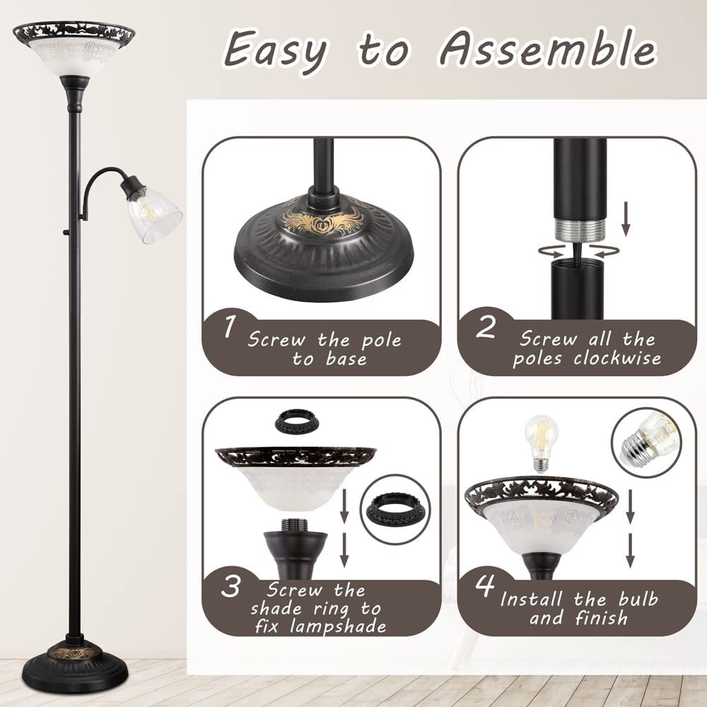 NATYSWAN 70" Victorian Floor Lamp, Etched Glass Shade, Metal Body & Heavy Base, Vintage Tall Corner Lamp for Bedroom, Living Room, Den, Office. No Bulbs (2 Head)