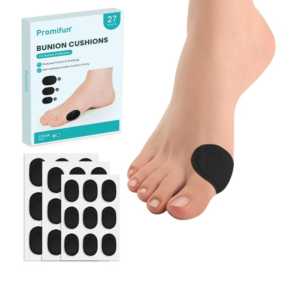Promifun Bunion Pain Relief Pads Moleskin Protect Feet Water-Resistant Self-Stick 27 Count,Multi-Size,Black