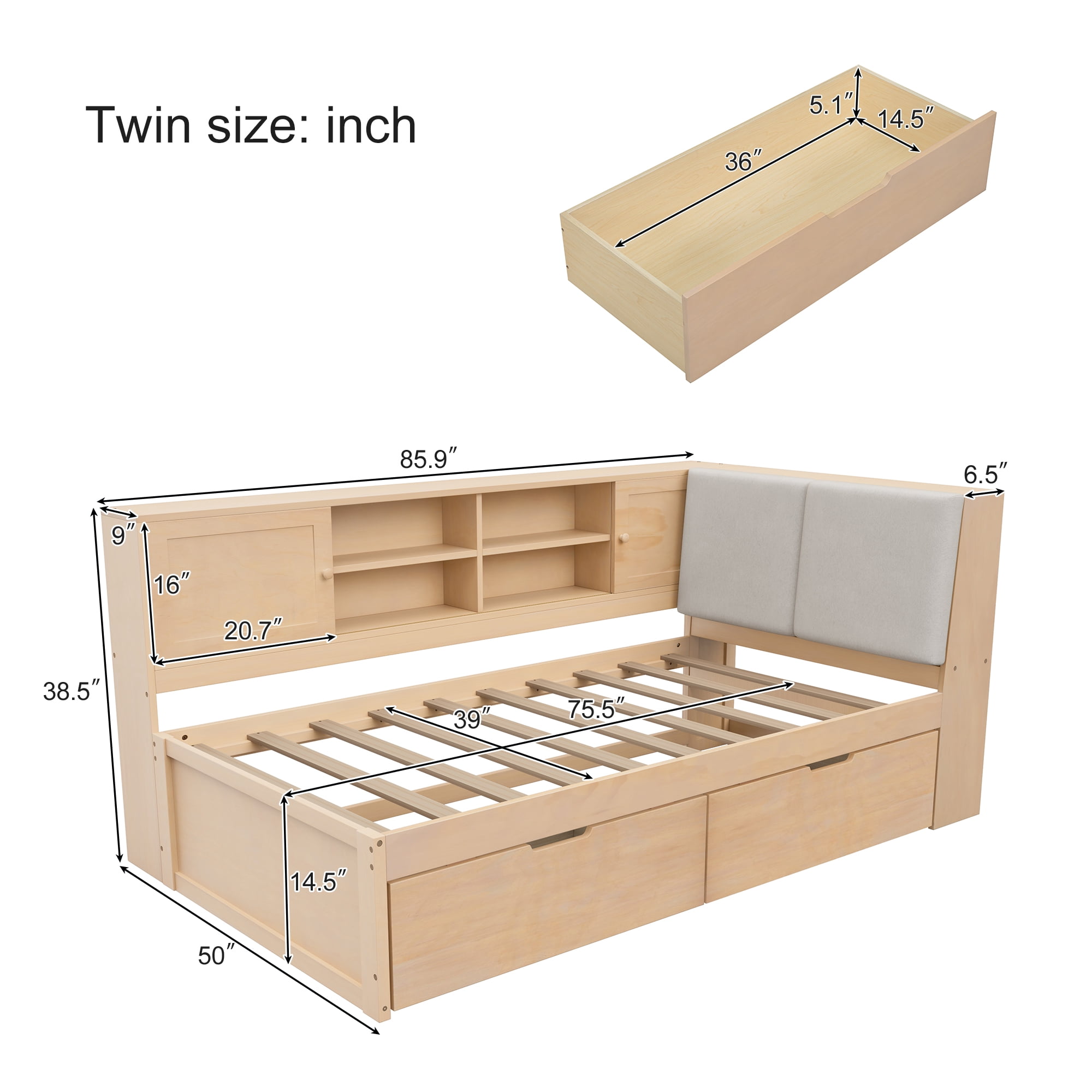 Mintazer Twin Size L-Shaped Corner Bed with Storage Drawers & Bookcase, Daybed with Upholstered Headboard & Charge Station for Home Bedroom Guest Room, Natural