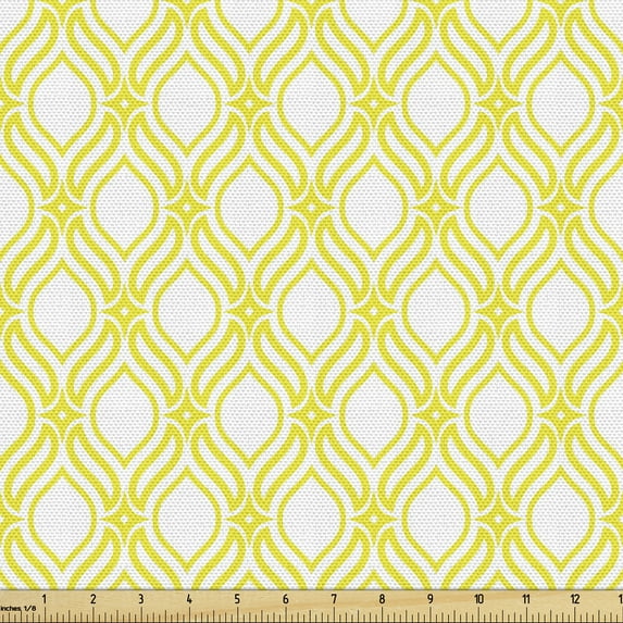 Abstract Art Fabric by the Yard Upholstery, Traditional Classic Geometric Wavy Leaf Ethnic Oriental Royal Folk Pattern, Decorative Fabric for DIY and Home Accents, Yellow White by Ambesonne