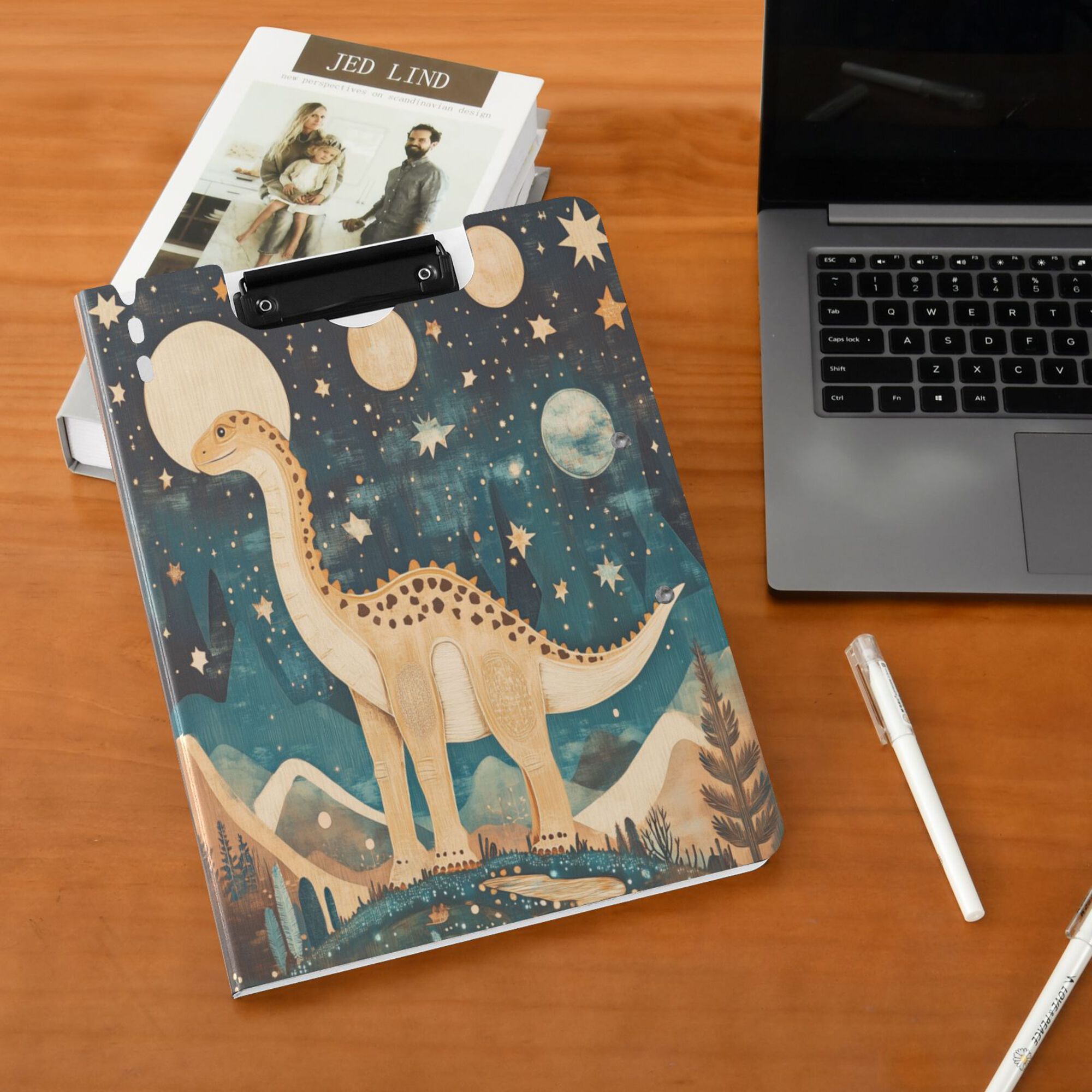 FORMRS A4 Clipboard Folder with Pen Holder Horizontal Foldable School Office Binder, Dinosaur at Night