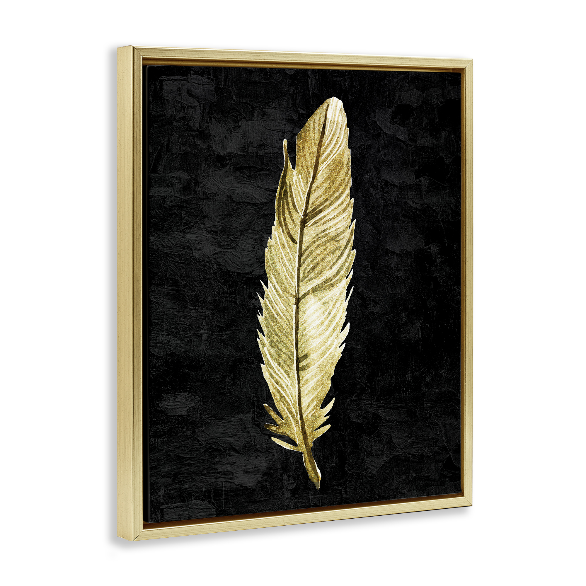 Curved Feather on Black Gold Framed Floater Canvas Wall Art, design by Kim Allen