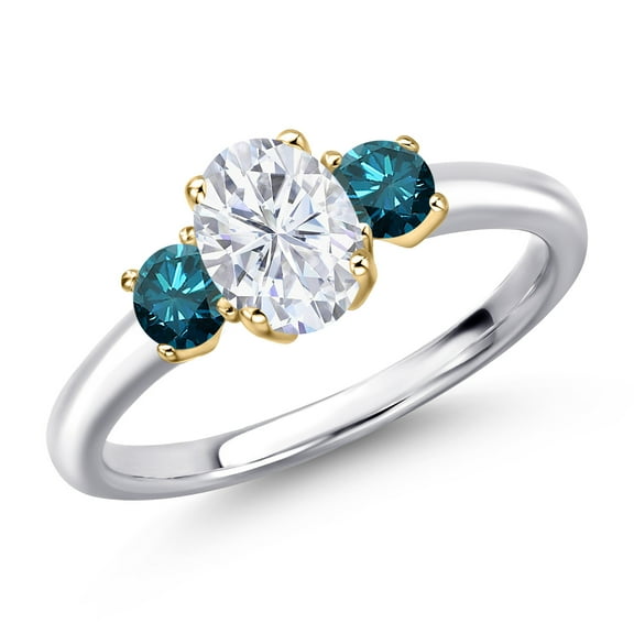 Gem Stone King 10K Two Tone Gold White Moissanite and Blue Diamond Engagement Ring for Women | 1.20 Cttw | Oval 7X5MM | Gemstone Birthstone | Size 6
