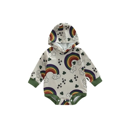 

Jkerther Infant Baby Hooded Spring Romper Long Sleeve Shamrock Print Casual Bodysuit