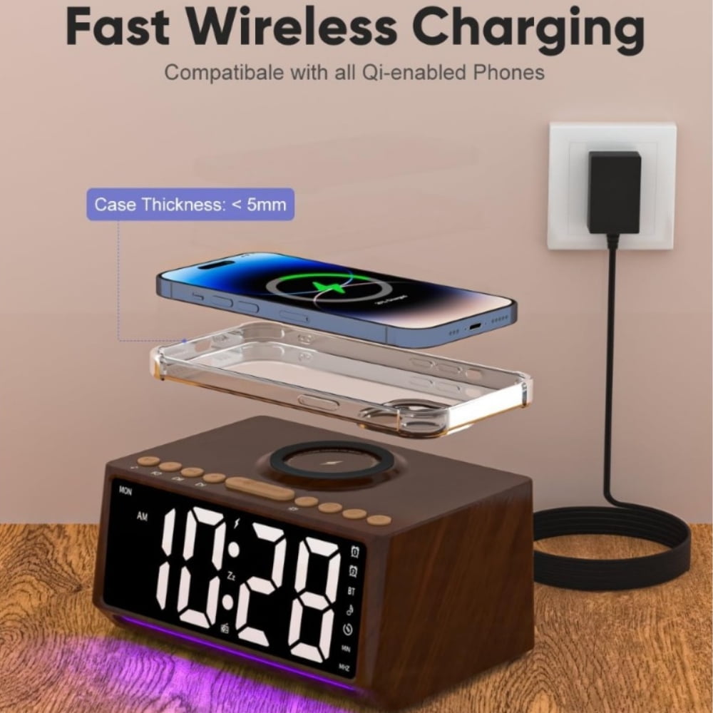 WakeSmart Retro Digital Alarm Clock with Bluetooth Speaker, RGB Lights and Night Mode(Brown)