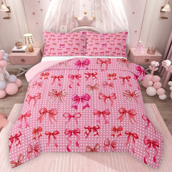Feelyou Cute Bow-tie Pink Bedding Comforter Set for Kid, Kawaii Cartoon Ribbon Twin Comforter Sets, Fashion Polkadots Reversible Bedding Set, Super Cozy Room Decor, 2-Piece