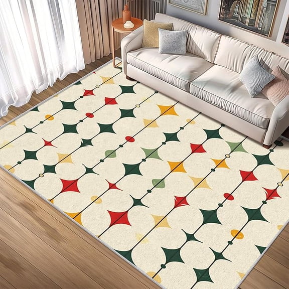 Retro Geometric Rug, Washable Area Rugs for Bedroom, Modern Stars Patterned Carpet for Living Room Dining Room Office, Abstract Boho Decor, Non Slip, Thin 4 x 6ft