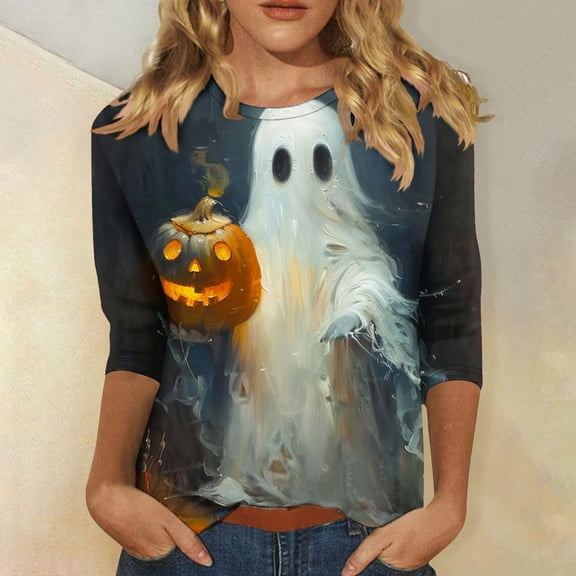 VKOYWKM 3/4 Length Sleeve Women Tops Cute Ghost Pumpkin Graphic Tees Fall Crew Neck Loose Spooky T Shirts Halloween Costume