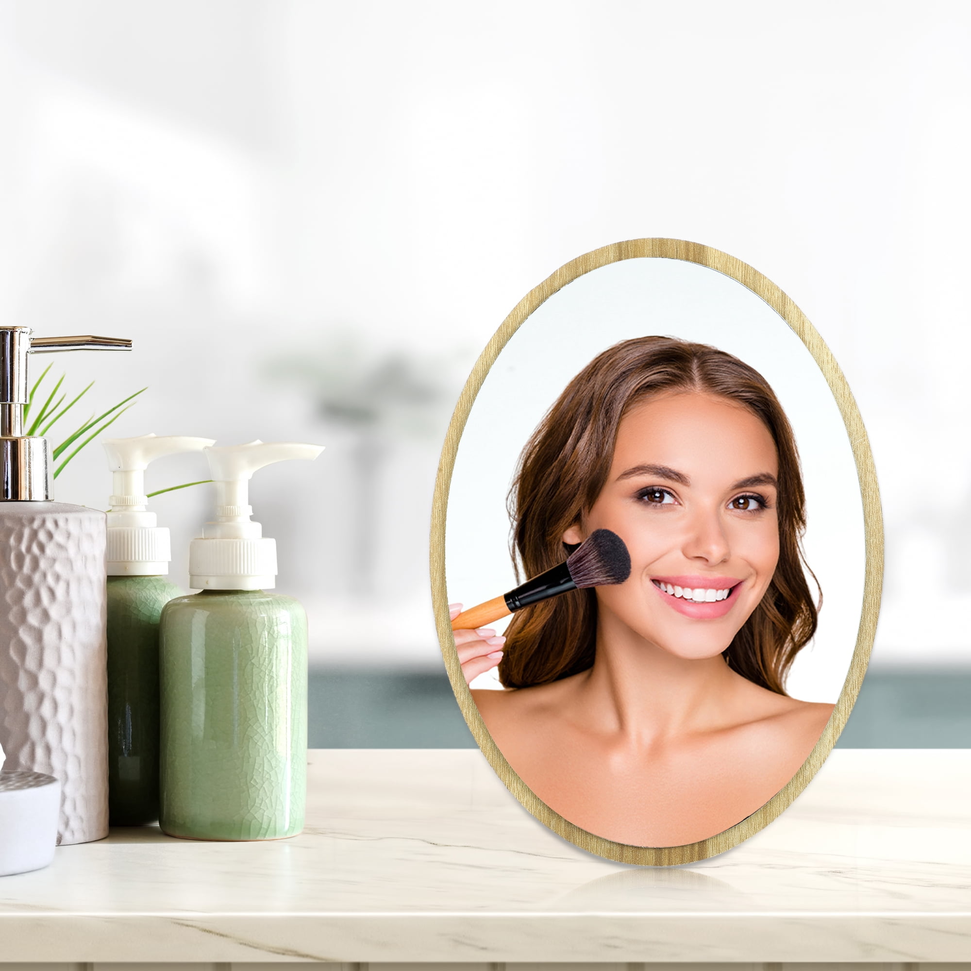 Unique Bargains 1Pc Natural Wooden Makeup Mirror Foldable Small