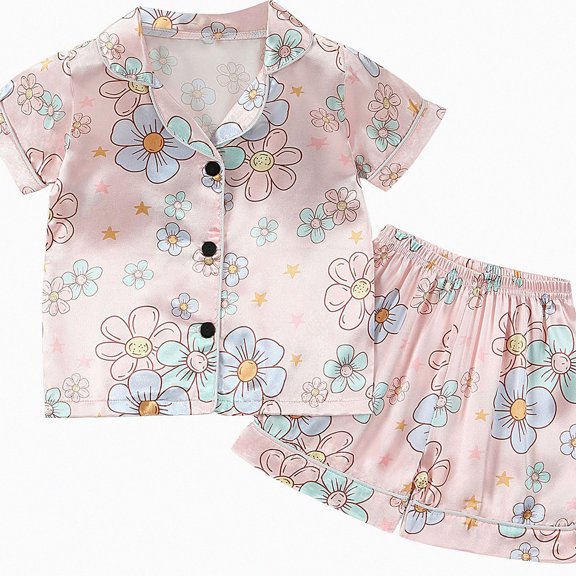 Crunowin Girls Outfit Sets Soft Floral Print Short Sleeve Round Neck Top and Elastic Waist Shorts Breathable Sleepwear Pink Size 2T